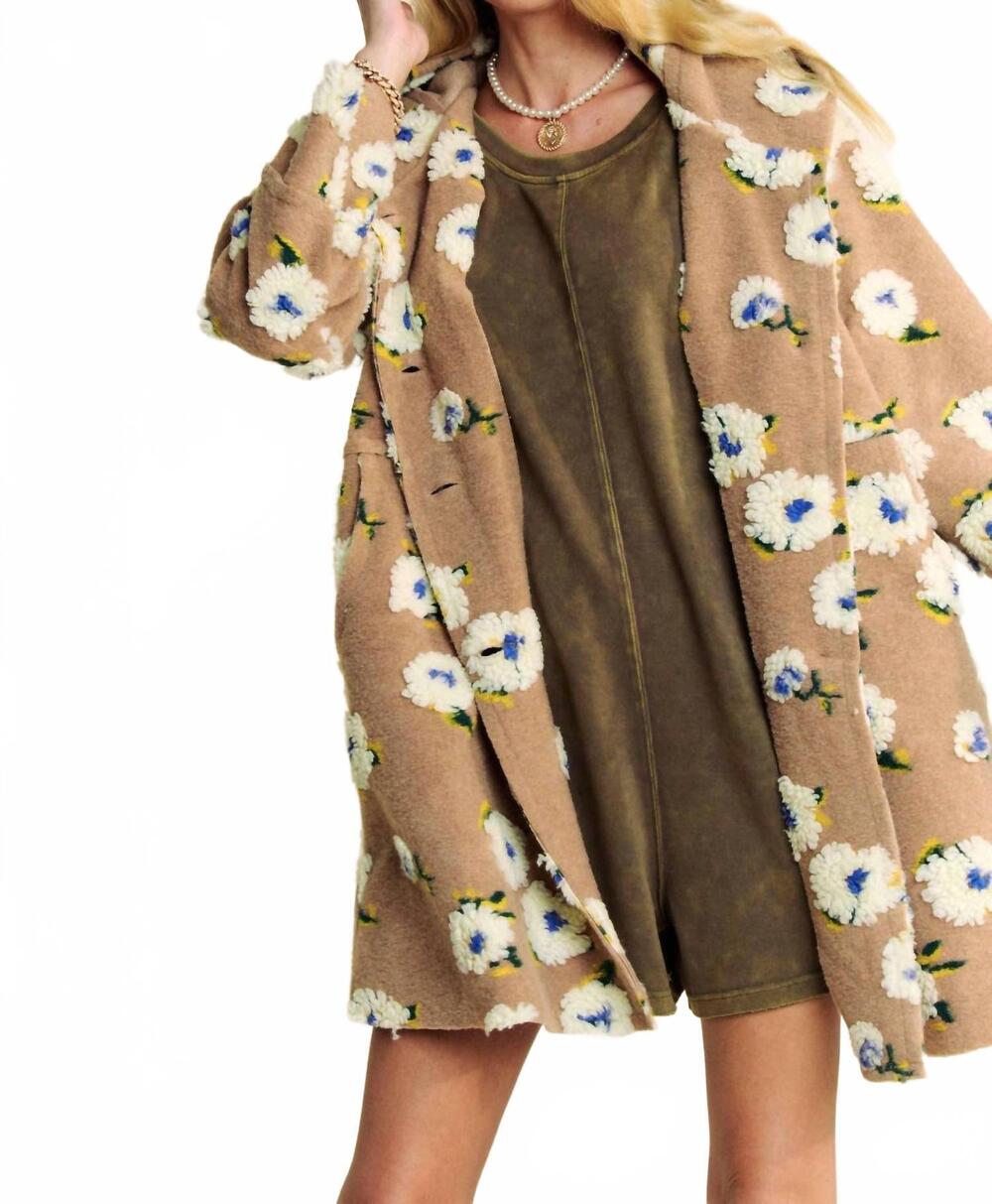 NEW DAVI & DANI floral chunky button front hoodie jacket in beige